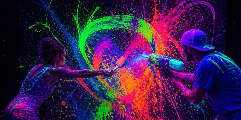 Zwei Personen schleudern unter Schwarzlicht leuchtende Neonfarben auf eine große Leinwand